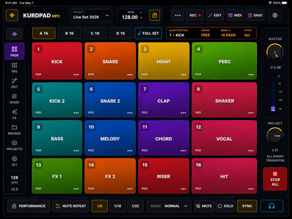 KurdPad MPC sampler app interface showing its 16 colorful sound pads and performance controls